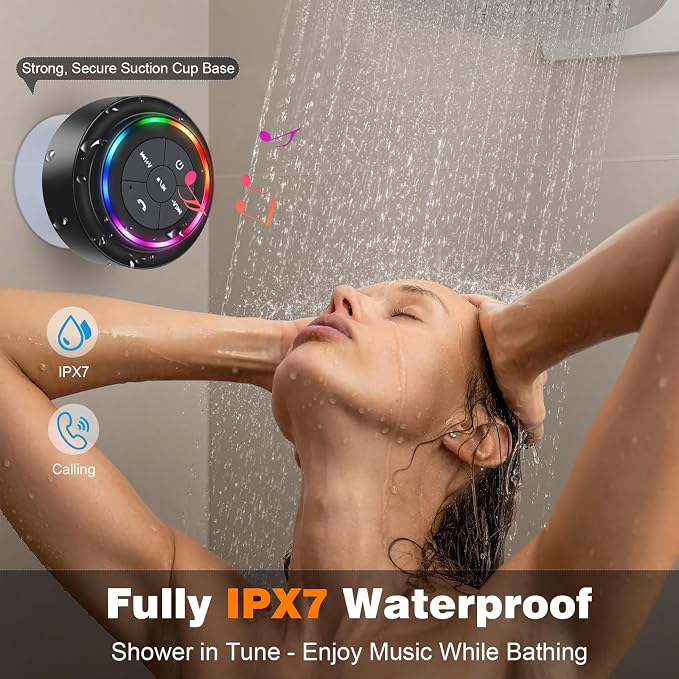 PEDVSTY Shower Speaker Bluetooth Waterproof, Mini Portable Wireless Speaker with LED Lights, Suction Cup, Floating,Crystal Sound, for Bathroom Travel Beach Pool, Ideal Electronic Gifts