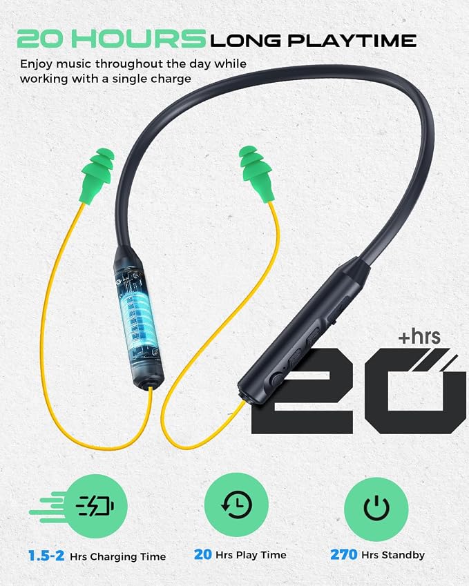MIPEACE Bluetooth Earplug Headphones, Neckband Wireless Earbuds earplugs-29db Noise Reduction isolating in-Ear earplug Earphones and Controls,IPX5 sweatproof,19+Hour Battery(Yellow & Green)