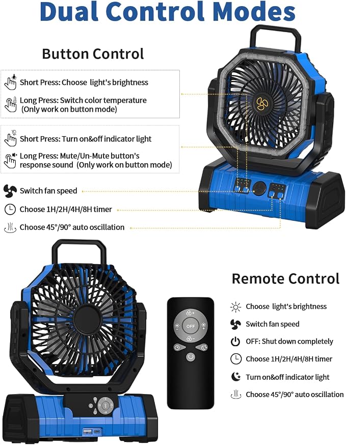 ADUST Camping Fan Battery Operated Powered Fan with LED Lantern Light 20000mAh Rechargeable Portable Oscillating, 360° Rotation Hanging Hook for Tents, Cordless USB Desk Fan(Blue)