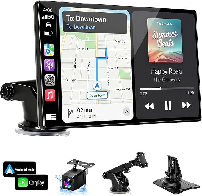 9" Wireless Apple Carplay Screen for Car, Portable Apple Carplay & Android Auto with Bluetooth, Mirror Link, Navigation, Voice Control, Backup Camera, AUX, Plug & Play Car Play Screen for All Vehicles
