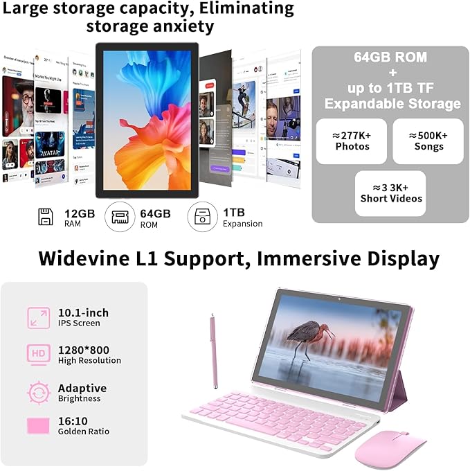 Android 15 Tablet 10 Inch, 12(3+9) GB RAM+64GB ROM, 2 in 1 Tablets with Keyboard Case Mouse Stylus, 1.8GHz Five-core Processor, 1280 * 800 IPS HD Screen, 5G WiFi6 BT 5.3 Tableta PC(Pink)