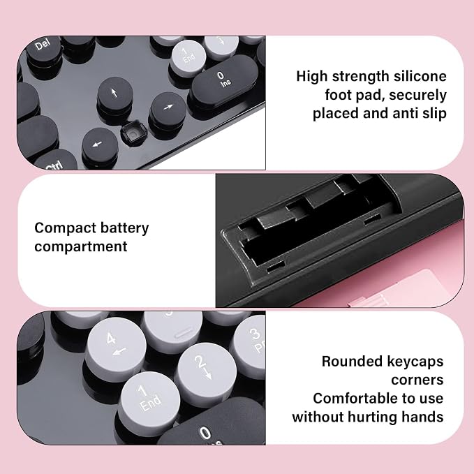 Wireless Keyboard and Mouse Combo, 2.4GHz Plug and Play with Retro Typewriter Style Round Keycaps, 104 Keys with Numeric Pad, for PC Laptop Desktop (Black)