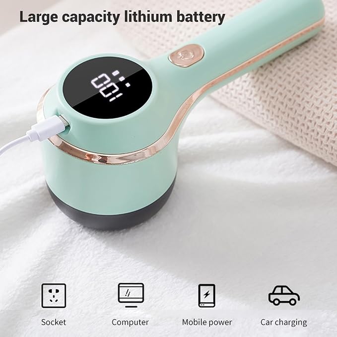 Rechargeable Electric Fabric Shaver with LED Display, 3-Speed Lint Remover for Clothes and Furniture, 6-Blade Portable Sweater Defuzzer, Battery-Powered Fuzz Remover - Green