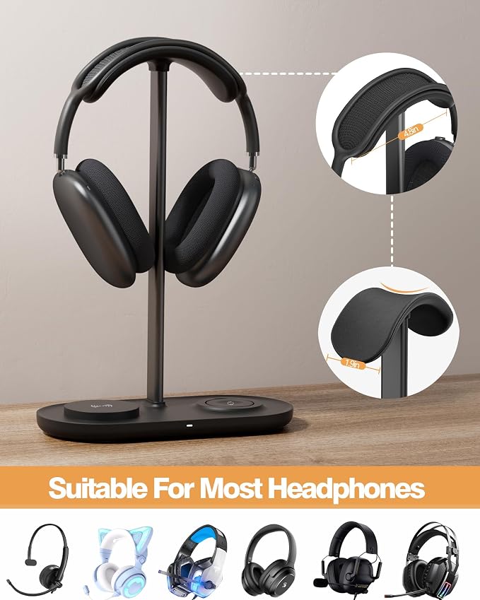 HiWe Headphone Stand, 2-in-1 Wireless Charger for iPhone/Apple Watch, Aluminum Alloy Rod, Minimalist Desk Organizer, Black