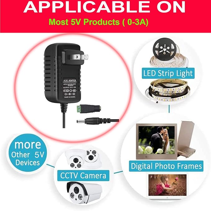 Power Supply, 5V Power Transformers, AC 100-240V to DC 5V 3A Power Supply LED Adapter, 15 Watt Max, for LED Strip Neon Rope String Lights, Computer Project, Recorder, TV Screen