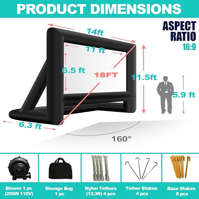 GYUEM 18 feet Inflatable Outdoor Projector Movie Screen - Package with Rope, Blower, Tent Stakes - Portable, Great for Outdoor and Indoor Party Watch Movies