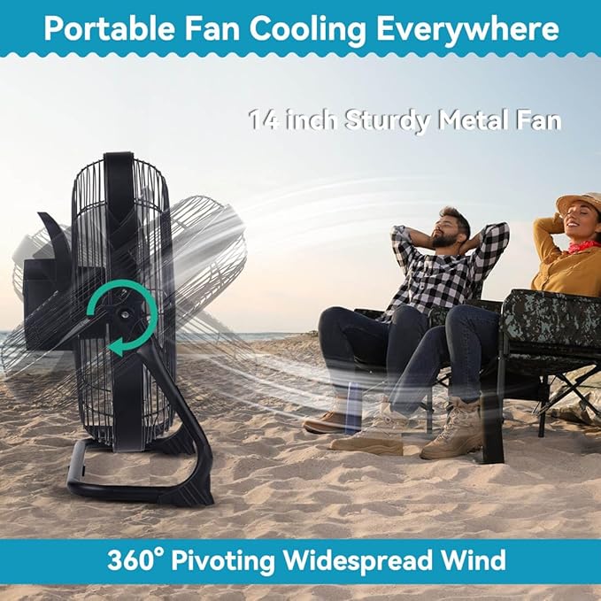 ZZE 14 Inch Battery Operated Fan Rechargeable, Upgraded with High Airflow Metal Blade Camping Fan, Cordless, Quiet, USB Phone Charge, 5-72H Working Time