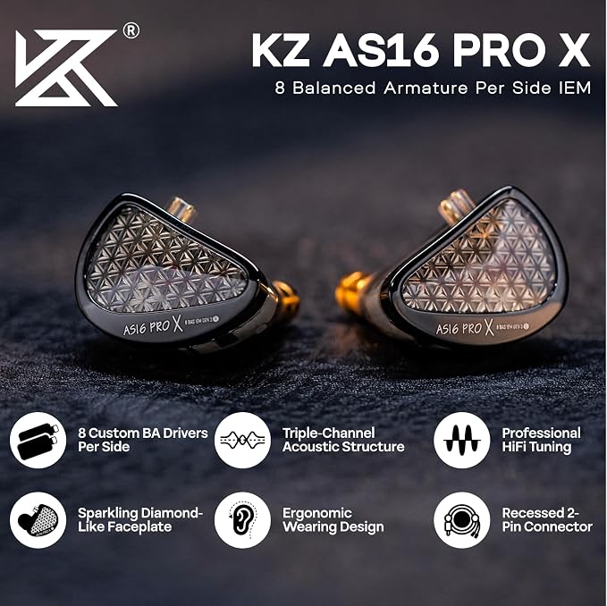 KZ AS16 PRO X in Ear Monitor, 16BA HiFi Wired Earbuds, Professional IEM Earphones with Precision Electronic Crossover, Sparkling Diamond-Like Design for Musician Audiophiles (No Mic)