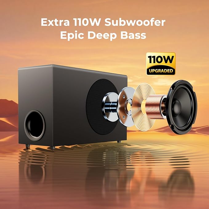 vibeadio Upgraded Sound Bar for TV with 5.9" Powerful 110W Subwoofer, 2.1 CH Surround Sound System, Bluetooth 5.4, ARC/Optical/AUX, Deep Bass Home Theater Audio for PC, Gaming, Projectors & Gifts