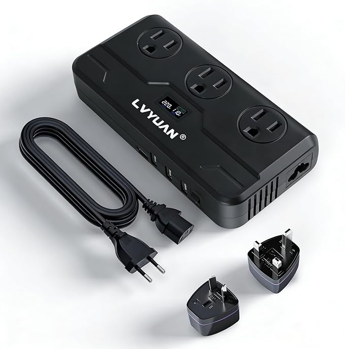 220V to 110V Voltage Converter for European Travel, LVYUAN Universal Travel Adapter US to Europe with UK/EU/AU Power Plug Adapter, Step Down Transformer for Hair Straightener Curling Iron CPAP (Black)