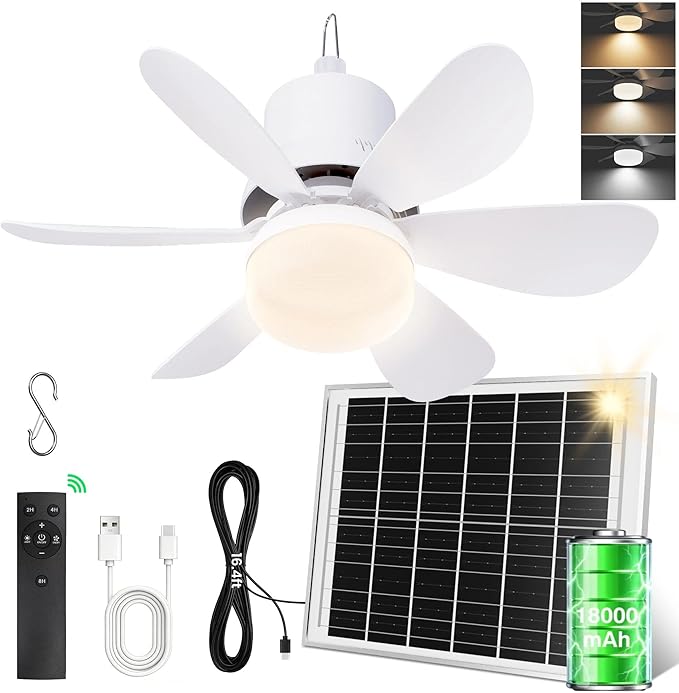 Solar Ceiling Fan with Light, 18000mAh Rechargeable Portable Camping Fan with Remote, 450CFM Strong Airflow, 17.5'' Battery Powered Ceiling Fan for Outside Gazebo, Canopy, Tent, RV