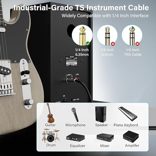 Premium 6.35mm Audio Cable 50 Ft/2 Pack, 1/4 Inch TS Instrument Professional Speaker Cord, Mono Jack 12 AWG Unbalanced, for Amplifier PA DJ Electric Guitar Bass Keyboard Pro-OD 9.5MM+Ties