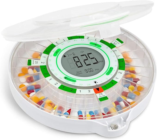 Live Fine 28-Day Automatic Pill Dispenser with Upgraded LCD Display, Key Lock, Sound & Light for Prescriptions, Medication, Vitamins, Supplements & More