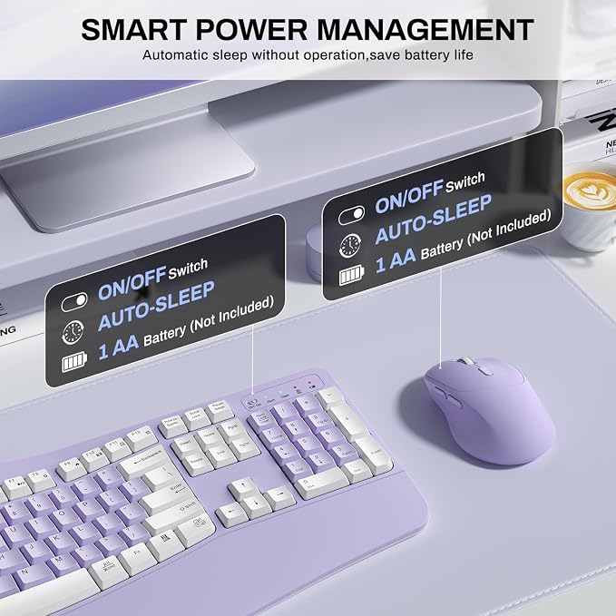 Wireless Keyboard and Mouse Combo,2.4G Full Size Wave Keys Ergonomic Keyboard with Wrist Rest for Natural Typing, 3 DPI Adjustable Ergonomic Mouse for Computer/Laptop/Windows/Mac (Purple & White-A)