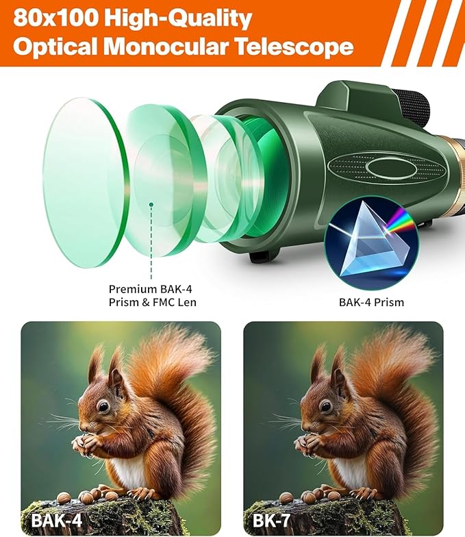 Monocular Telescope 80x100 High Power with Smartphone Adapter Tripod, Wide Field Monoculars for Adults with BAK4 Prism & FMC Lens, for Bird Watching Hiking Camping Wildlife-Green