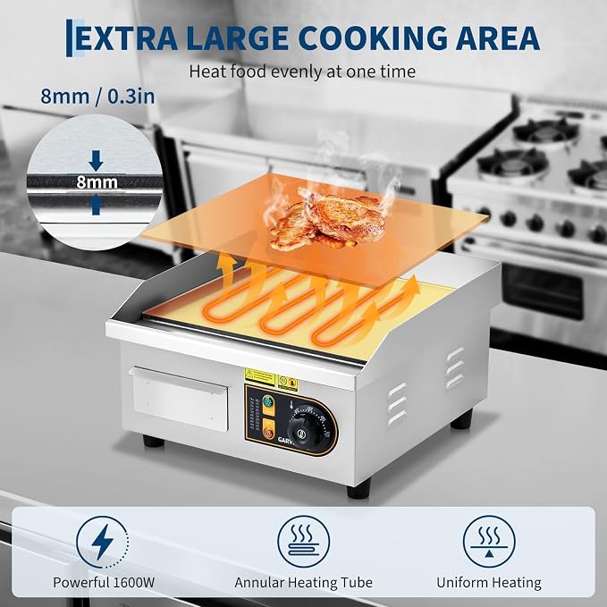Garvee 14in Commercial Electric Griddle, 1700W Countertop Flat Top Grill, Stainless Steel Griddle Grill with 2 Shovels and 2 Brushes for Home or Restaurant, 122℉-572 ℉ Adjustable Temp