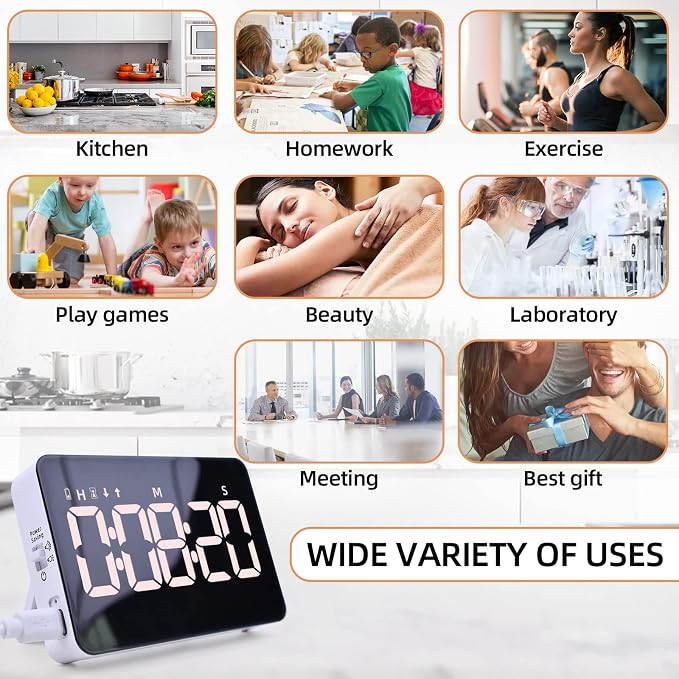 Rechargeable Digital Kitchen Timer for Cooking, Magnetic Timers with Countdown/up, Kids Timer with 5”LED Display 3 Brightness 4 Volume Adjustable for Classroom/Office/Home/Work/Study/Fitness/Game