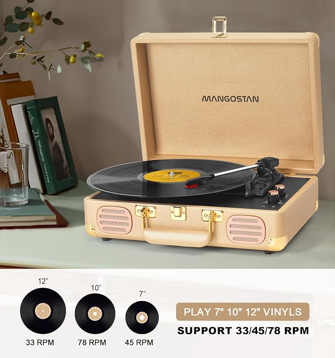 Record Player 3 Speed Bluetooth Portable Suitcase, Vinyl Phonograph with Built-in Bass & Speakers, Belt-Driven LP Player Support AUX-in RCA Line Out Headphone Jack, Champagne Gold