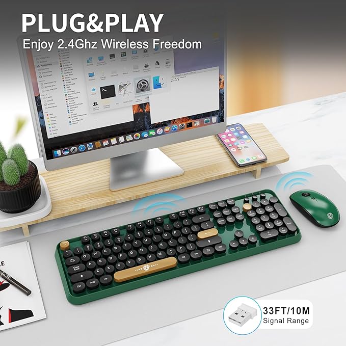 Wireless Keyboard and Mouse Combo Cute Colorful Keyboard and Mouse, Retro Typewriter Keyboard with 2.4GHz Plug & Play, for Windows 11/10/7, Laptop, PC (Dark Green)