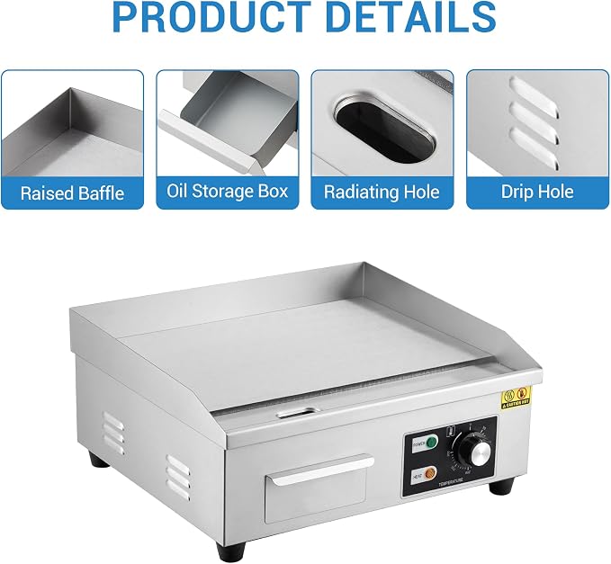 18" Commercial Griddle, Electric Countertop Flat Top Griddle with 2 Shovels & 2 Brushes, 1600W 122-572 ℉ Adjustable Temp, Stainless Steel Teppanyaki Grill for Restaurant Homes