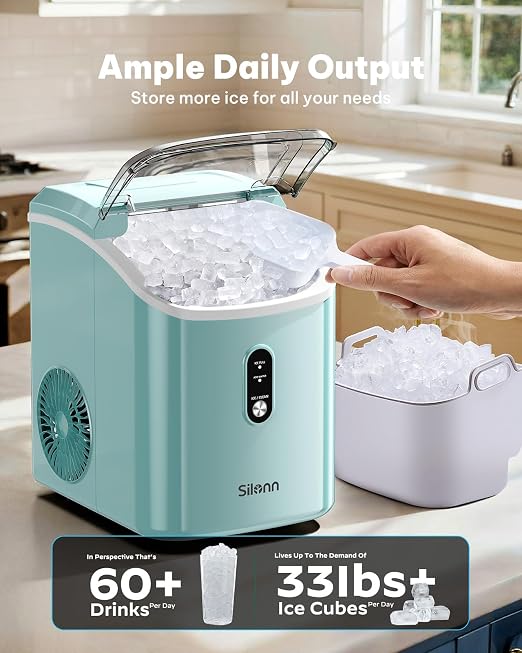 Nugget Ice Maker Countertop, Silonn Chewable Pellet Ice Machine with Self Cleaning Function, Pebble Portable Ice Maker with Ice Scoop for Home Kitchen Office, Green