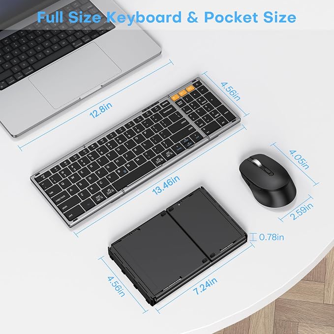 Foldable Keyboard and Mouse Combo for 3 Devices, OMOTON Wireless Bluetooth Set for Business Travel & Office, Rechargeable Keyboard + Ergonomic Mouse for iPad iPhone Tablet Mac Windows, Space Grey
