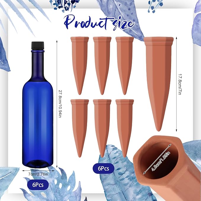 Teenyyou 12 Pcs Watering Spikes for Indoor Plants Include Terracotta Self Watering Spikes Devices and 26 oz Plastic Bottles Slow Release Vacation Insert Automatic(Blue)