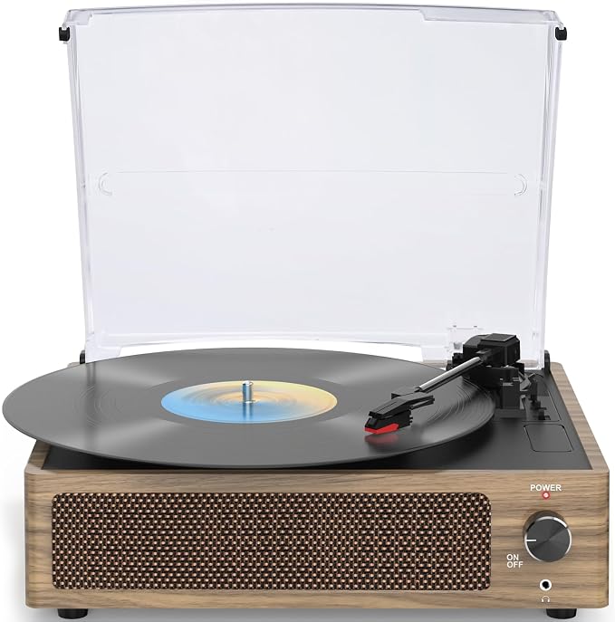 Record Player with Speakers Vintage Turntable for Vinyls Records Belt-Driven Turntables LP Vinyl Players Support Auto Stop 3-Speed 3 Size Wireless Playback Headphone AUX RCA Line Out Wood Retro Cyan