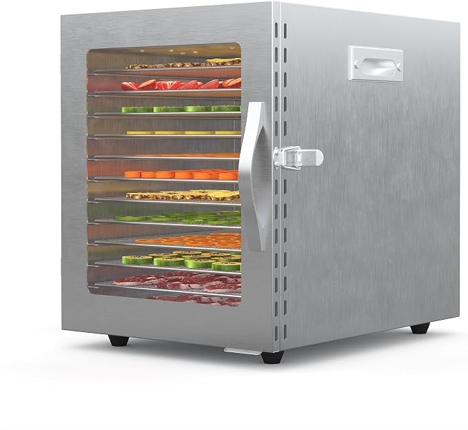 Food Dehydrator, 12 Stainless Steel Trays, 85–170°F Temperature Control | 820W Jerky Dehydrator, 13.2 ft² Drying Space, 24-Hour Timer, for Meat, Fruit, Veggies, Dog Treats & Snacks, Bright-Silver
