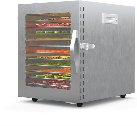 Food Dehydrator, 12 Stainless Steel Trays, 85–170°F Temperature Control | 820W Jerky Dehydrator, 13.2 ft² Drying Space, 24-Hour Timer, for Meat, Fruit, Veggies, Dog Treats & Snacks, Bright-Silver