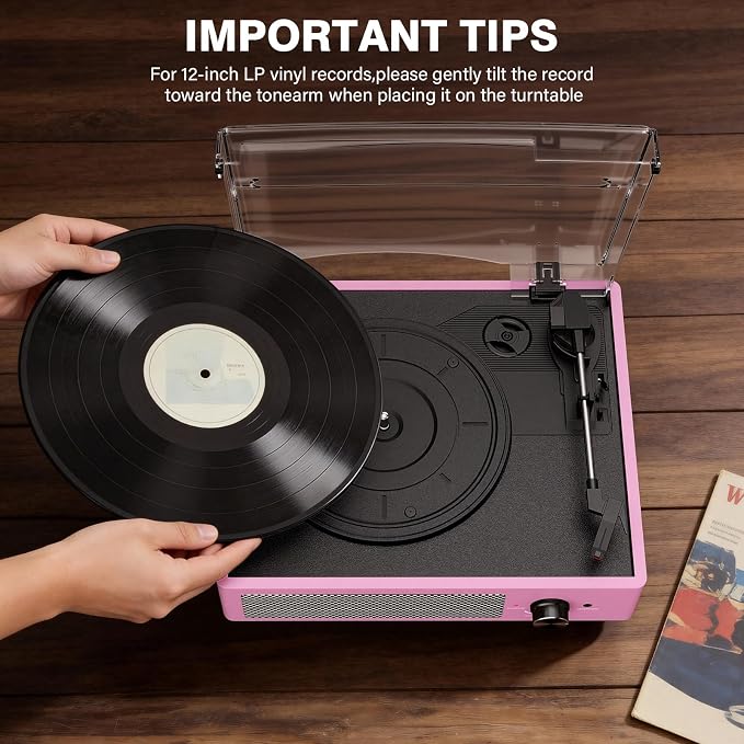 Vinyl Record Player with 2 Stereo Speakers Belt-Driven Vintage Turntables 3 Speed 3 Size Wireless Bluetooth Playback AUX-in RCA Out Headphone LP Vinyl Players Auto Stop Pale Pink