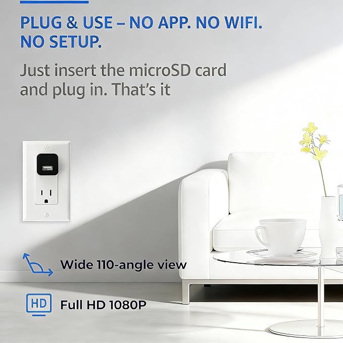 Hidden Camera Spy Cam 1080P - USB Charger Full HD No-WiFi Security Cam with Plug-in Power & Local Storage, Motion Detection & Night Vision, Ideal for Pet, Baby & Home Security, with 64GB SD Card