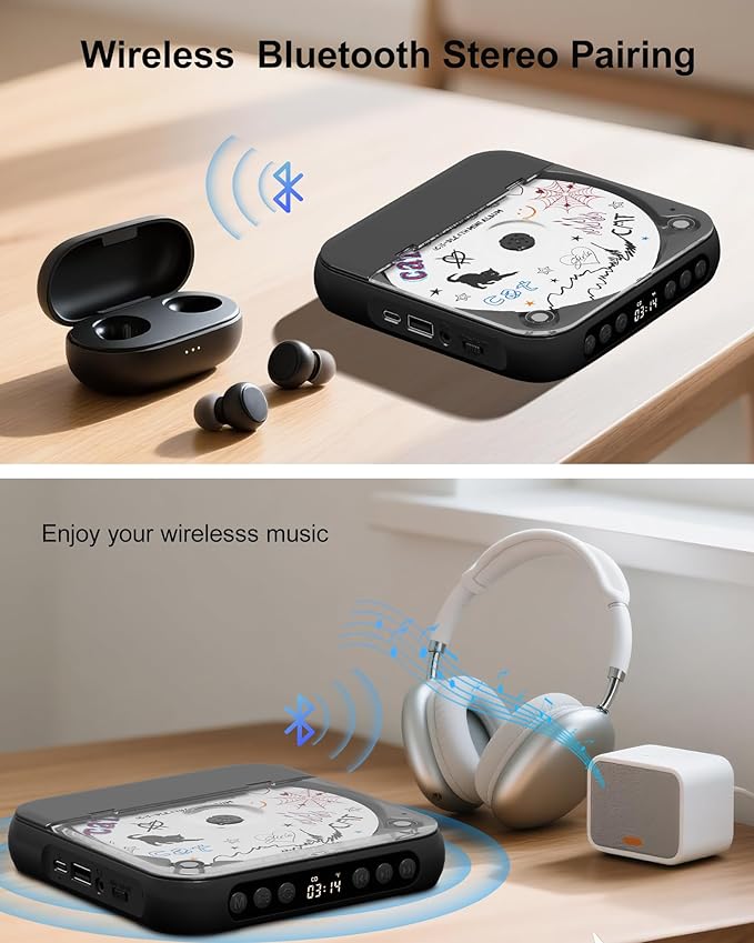ENVYCLOUD CD Player Portable with Dual Stereo Speakers, Rechargeable Portable Player with Bluetooth for Home with Headphones, Support CD/AUX/USB,Black