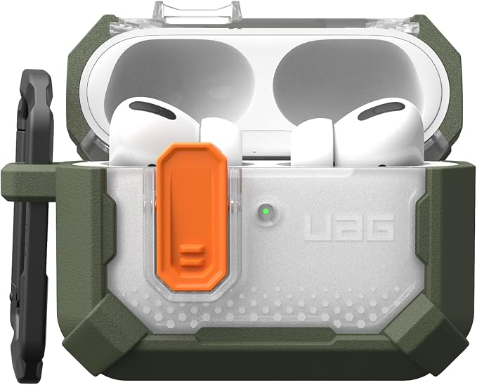 URBAN ARMOR GEAR UAG Designed for AirPods Pro 3rd Gen Case, Rugged Military Grade Drop Proof Protective Cover with Detachable Carabiner Clip & Secure Lip Closure, Plasma Olive