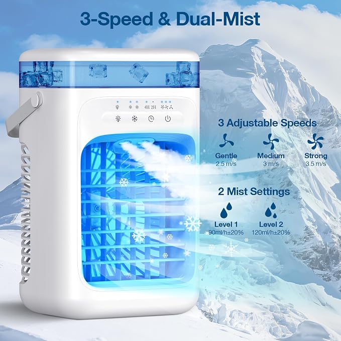 Portable Air Conditioners,Portable AC Unit with Timer,3 Speeds 2 Mist Modes,1000ml,7-Color Light,USB Mini Air Conditioner Evaporative Air Cooler Cooling Fan for Bedroom Kitchen RV Camping Car
