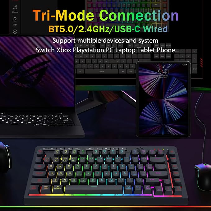 Redragon Wireless Gaming Keyboard, Bluetooth/2.4GHz/USB-C Wired, RGB Backlit, Portable 75% Mini Quiet Macro Membrane Keyboard, Rechargeable 4000mAh Battery, Anti-Ghosting for Win/MAC