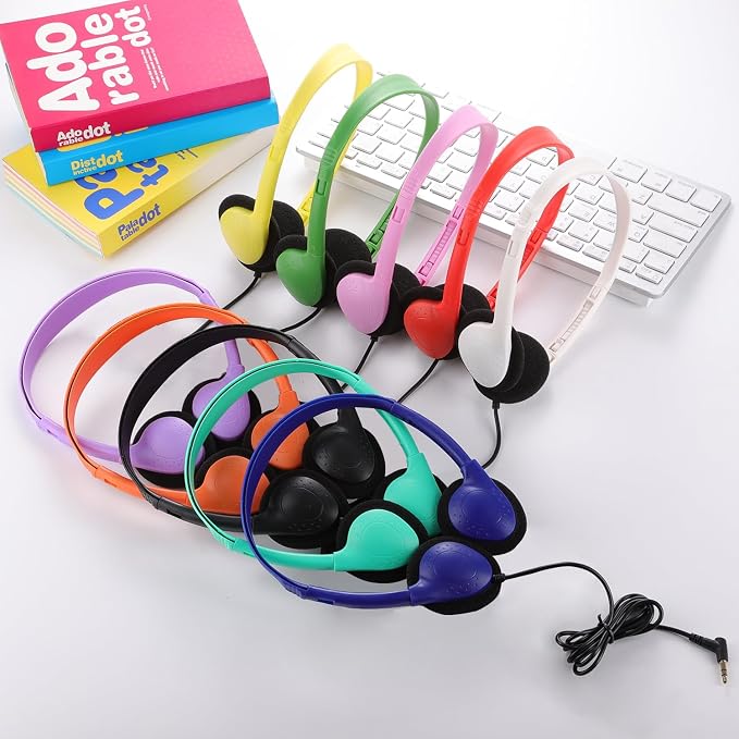 100 Pack Classroom Headphones Bulk for Students Kids Schools, Wholesale Wired Multi Color 3.5mm On Ear Class Set Headphones for Library Chromebook Laptop PC Computer
