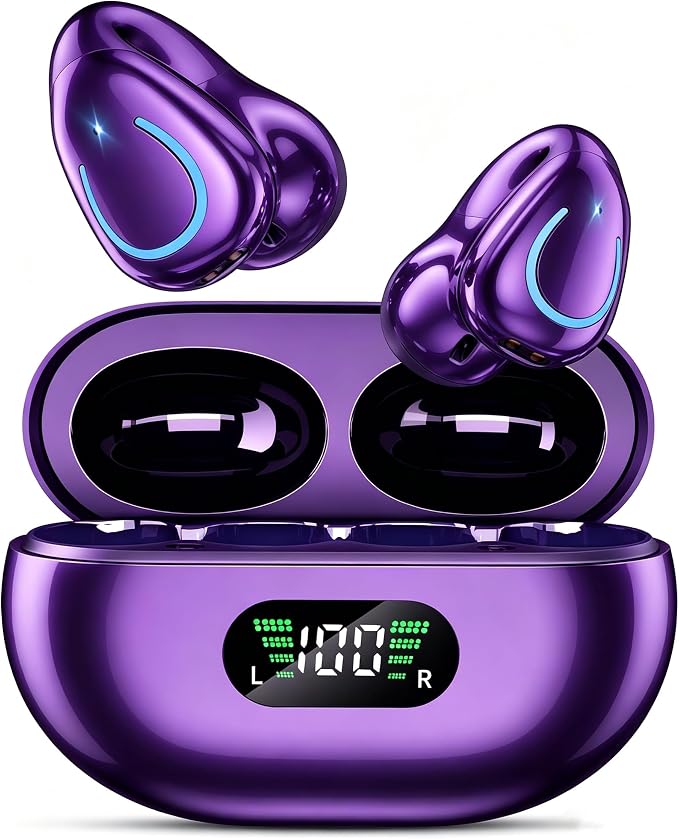 Open Ear Bone Conduction Headphones, Bluetooth Lightweight Clip On Earbuds Comfort with Digital Display Charging Case Sport Earphones Built-in Mic IPX7 Waterproof for Running Fitness Exercise, Purple