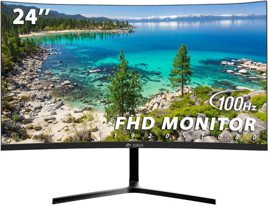 CRUA 24" Curved Monitor, FHD(1920×1080P) 100HZ, 99% sRGB Color Gamut Computer Monitors, Narrow Bezels on Three Sides, Blue Light Filter PC Monitor for Home, Office and Dormitory(HDMI, VGA)-Black