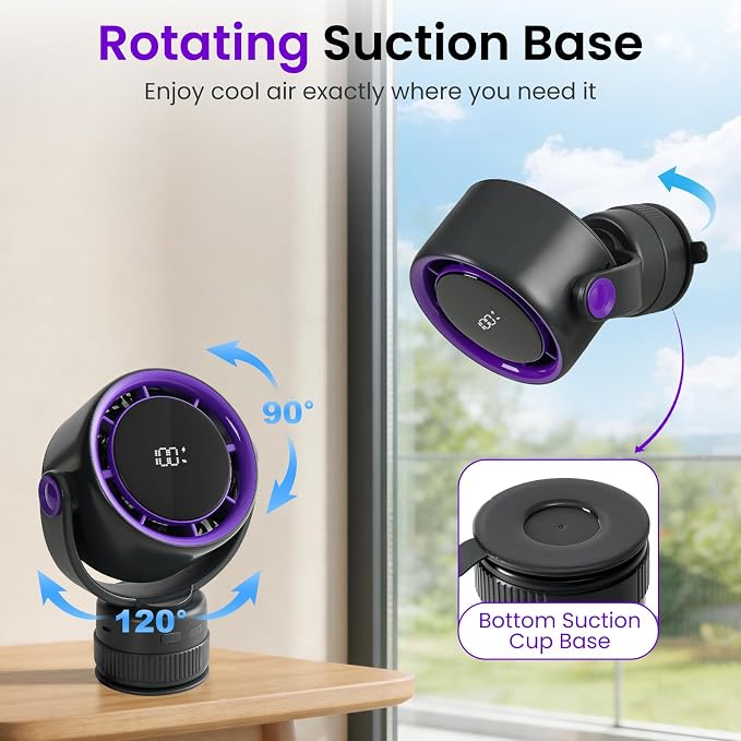 Desk Fan - 120° Oscillating Portable Table Fan, Rechargeable Wall Mount Air Circulator with Twist-Lock Suction Cup for Kitchen, Bathroom, Office and Travel, Black