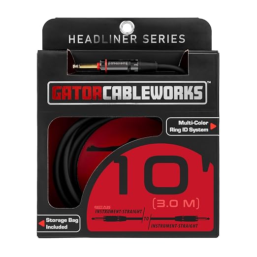 Cableworks By Gator Cases Headliner Series Premium 10 Ft Straight to Straight Guitar Instrument Cable with Quiet Switch Technology (GCWH-INS-10QT)