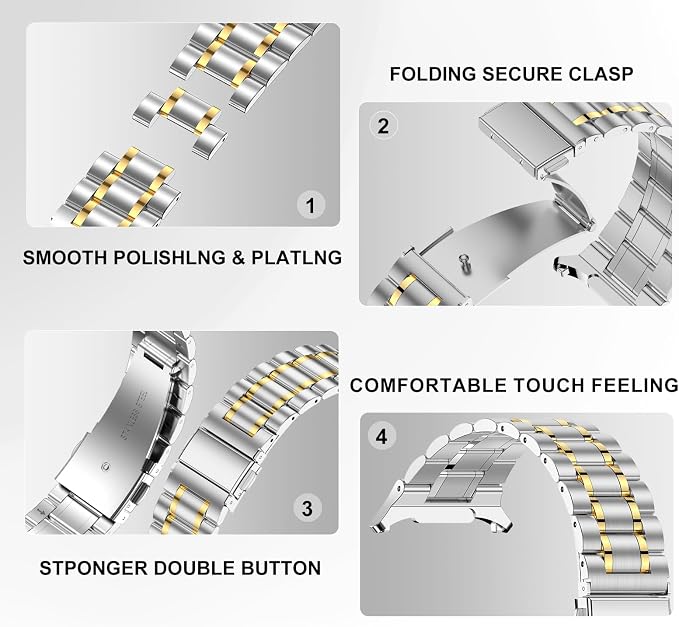 SUPLINK Stainless Steel Bands Compatible with Samsung Galaxy Watch Ultra Band Men Women, Adjustable Metal Replacement Band for Samsung Watch Ultra Bands 47mm, Silver Gold