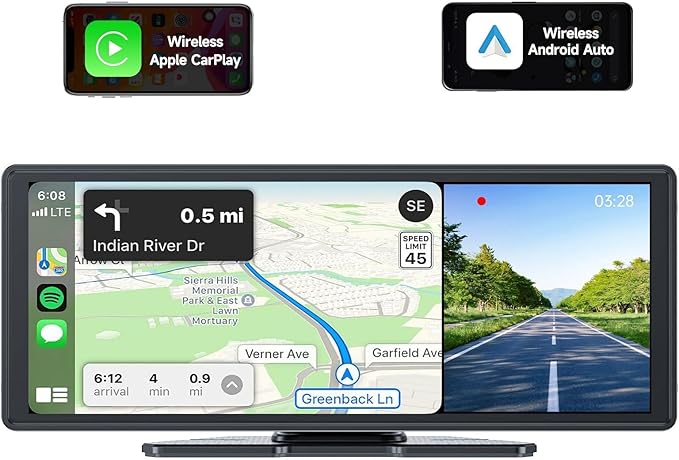 860 Portable CarPlay Screen with 4K Dash Cam Front and Rear- 9.3" Wireless Apple CarPlay ＆Android Auto Car Stereo, Bluetooth, GPS Navigation Head Unit,Car Stereo Receivers,1080p Backup Camera
