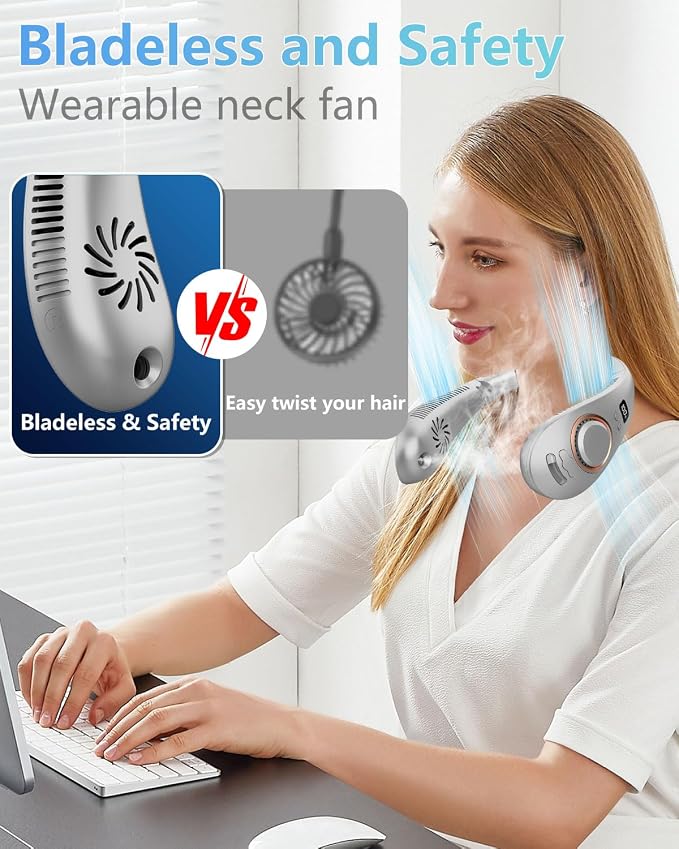 Neck Fans Portable Rechargeable,4000Mah Neck Fan with Mist Spray,Bladeless Folding Fans that Blow Cold Air,Leafless Hanging USB-C Battery Operated Neck Coolers for Hot Weather