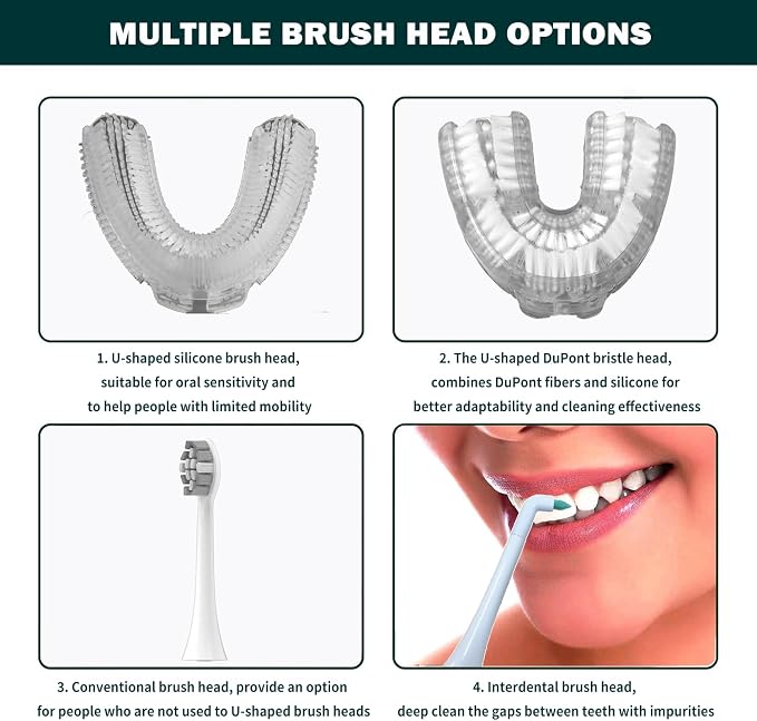 360° U-Shaped Automatic Sonic Toothbrush for Adults, Suitable for People with Limited Mobility Original Newupgrade Electric Toothbrushes, Multiple Brush Heads Options,IPX7 Waterproof