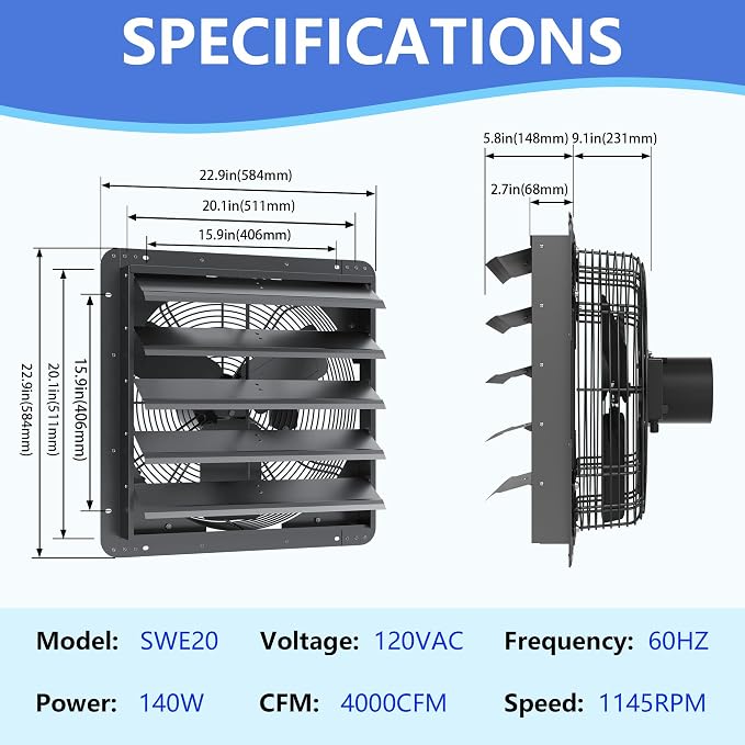 20 Inch Shutter Exhaust Fan, Aluminum Wall Mounted Exhaust Fan with Power Cord,4000 CFM High Speed Automatic Louvered Vent Fan for Greenhouse, Factory,Shop,Garage, ETL Listed