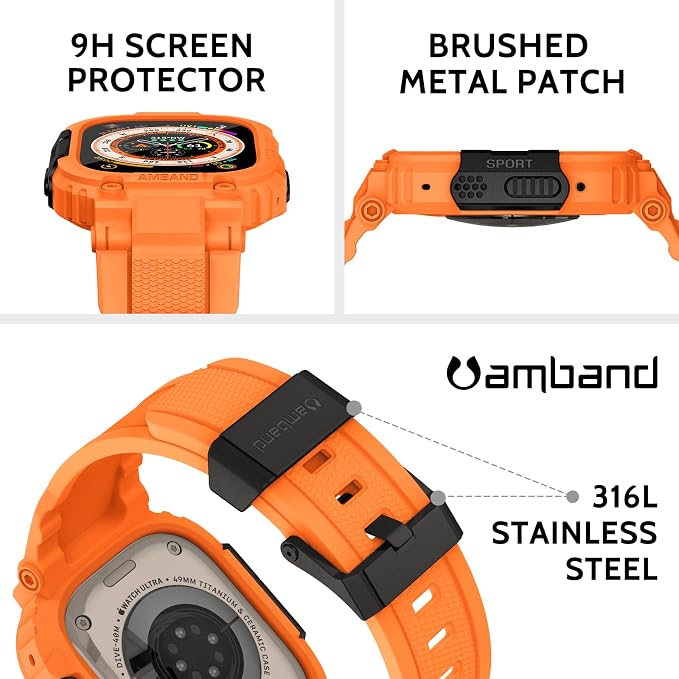 amBand Bands Case Screen Protector Compatible with Apple Watch Ultra 3/2/1 49mm, M1 Sport Series Rugged Cover Strap and 9H Tempered Glass Film, Protective Bumper for iWatch 49 mm Men Orange