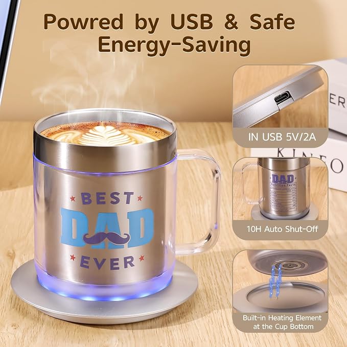 Dad Birthday Gifts, 12oz Heated Coffee Mug with BEST DAD EVER Design, USB Electric Temperature Control Cup, Fathers Day Gift from Wife Daughter Son(Silver DAD-12oz)