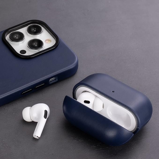 Maogoam for Leather AirPods Pro 2 Case Cover with Button, Genuine Crystal Vegetable Tanned Oil Wax Leather Case for AirPods Pro 2nd Generation, Retro Elegant Style, Front LED Visible,Blue