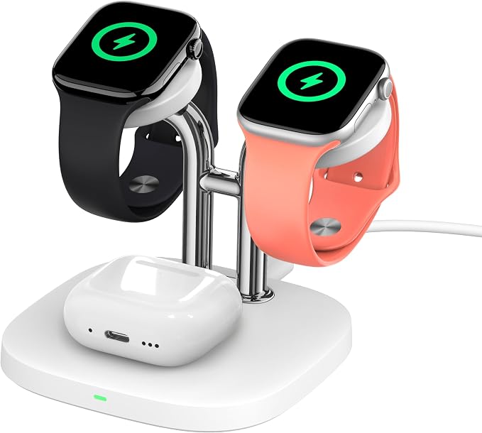 Dual Watch Charger with Fast Charging for Apple Watch, SwanScout 704A, 3-in-1 Wireless Charging Station Stand for Apple Watch Ultra 3/11/10, Wireless Charger Dock for AirPods Pro 3/4 (White & Silver)